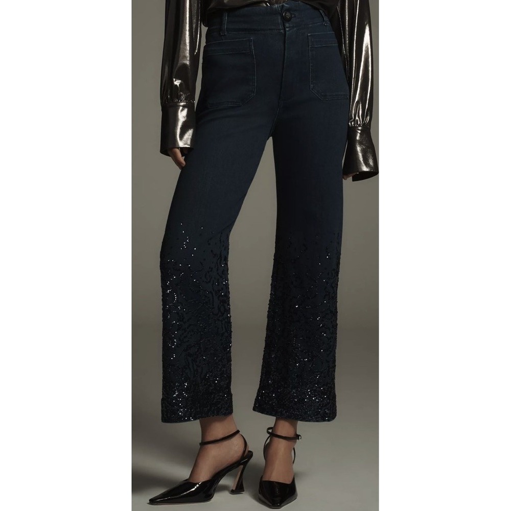 Maeve Colette Sparkle Sequin Crop Wide-Leg Jeans Sz 33P (Waist Measures‎ 35")